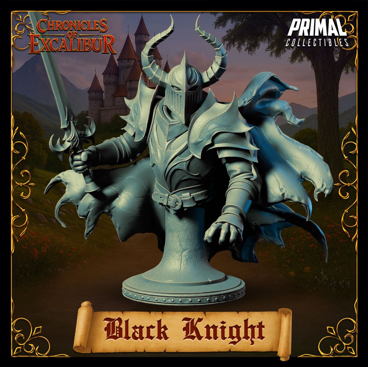 Black Knight dark fantasy armored boss miniature with flowing cape for tabletop RPGs