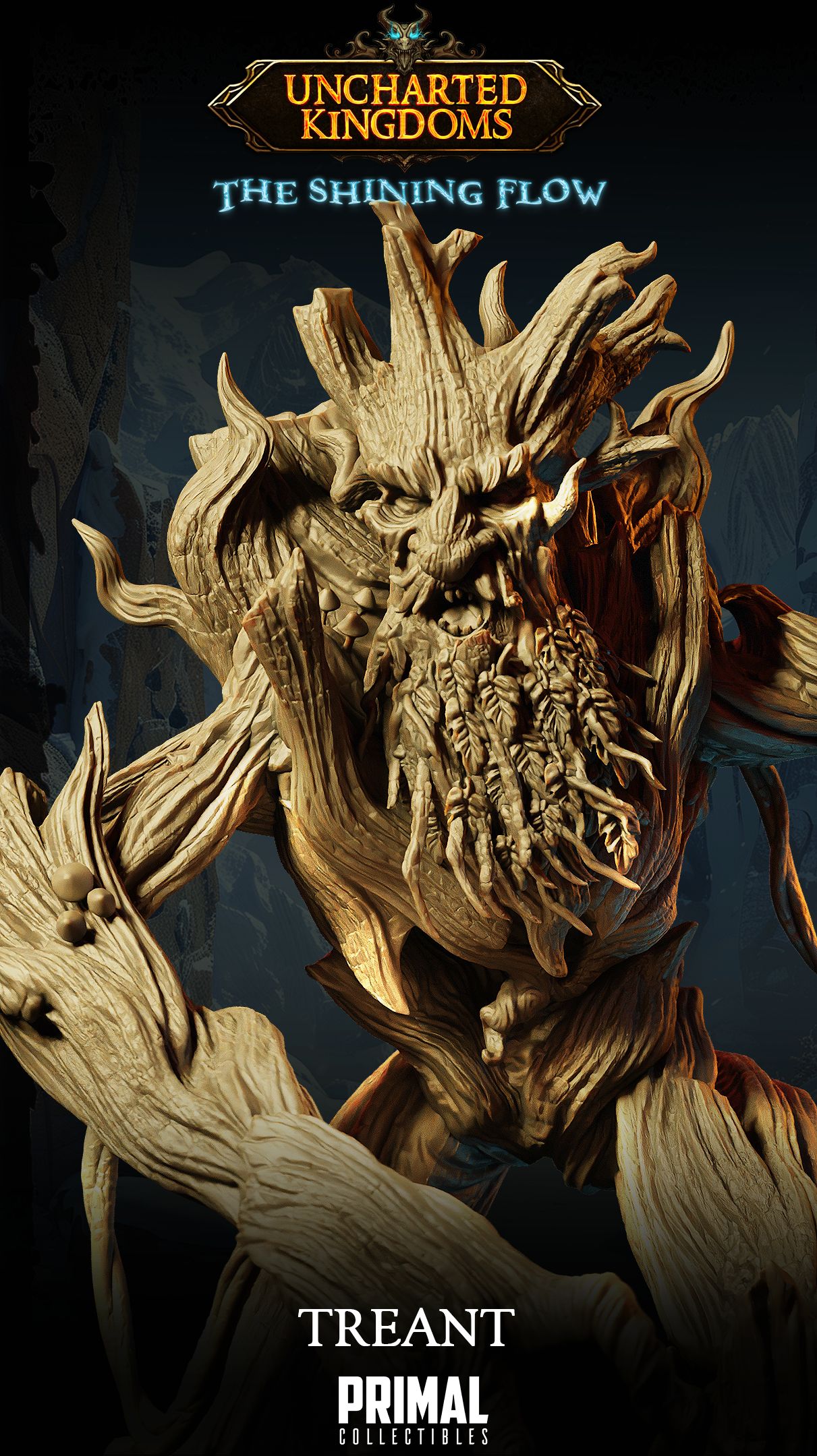 snarling wooden face with leaf-like beard and natural details