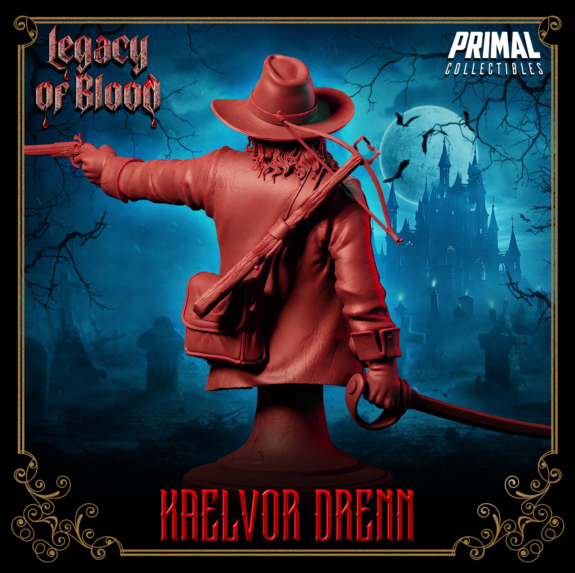 Kaelvor Drenn hunter resin miniature figure or bust – gothic vampire slayer with pistol, sword, long coat, dark fantasy tabletop collectible – D&K Custom Prints