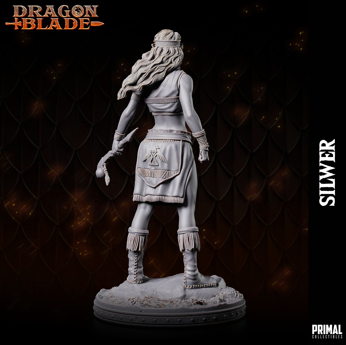Statue of a warrior with 'Dragon Blade' branding on a dark background
