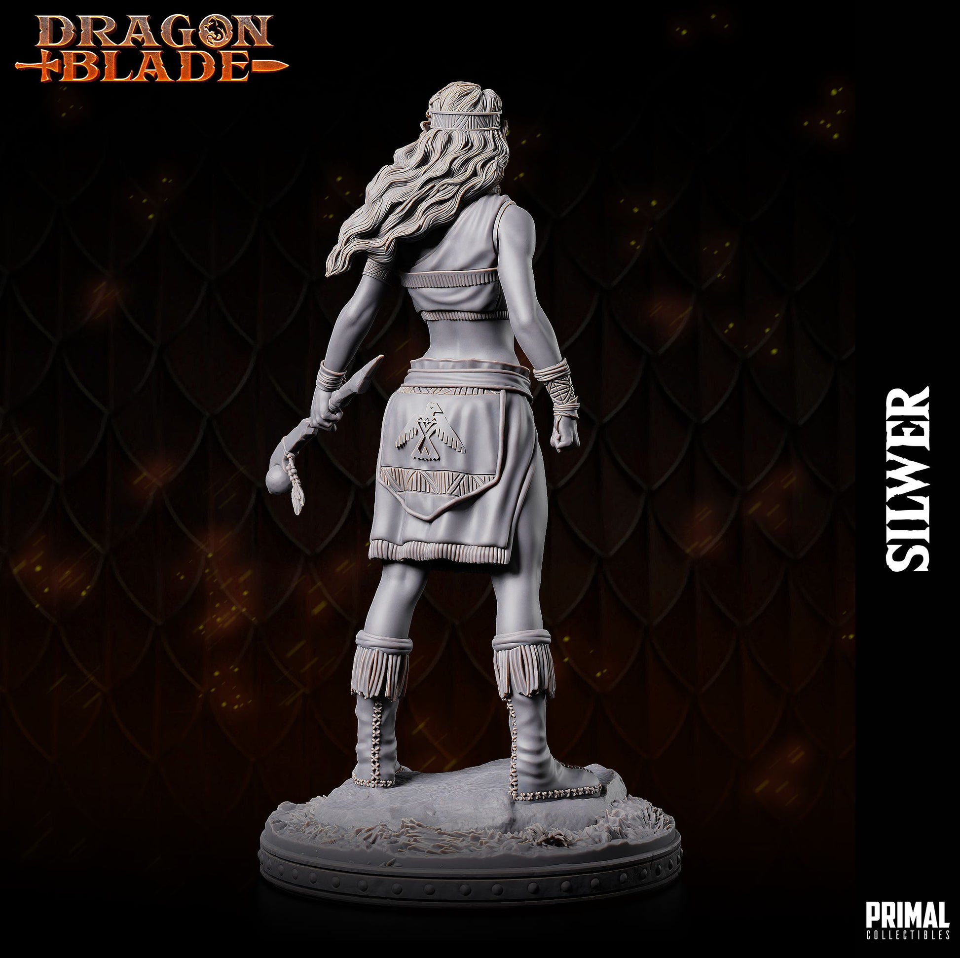 Statue of a warrior with 'Dragon Blade' branding on a dark background