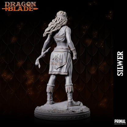 Statue of a warrior with 'Dragon Blade' branding on a dark background