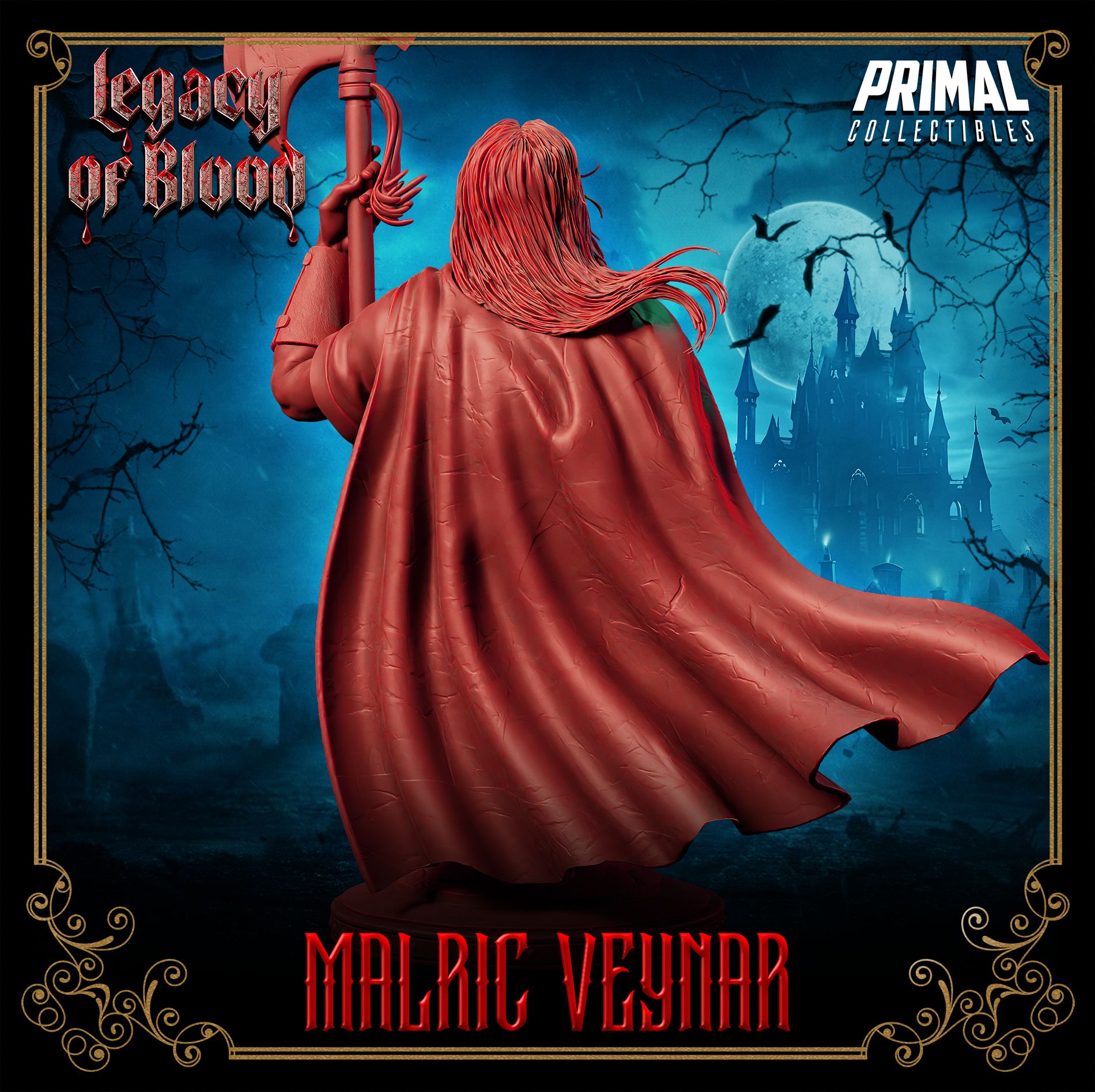 Malric Veynar human warrior resin miniature or bust — dark fantasy tabletop hero with great axe and cape for D&D, Pathfinder, and painting display