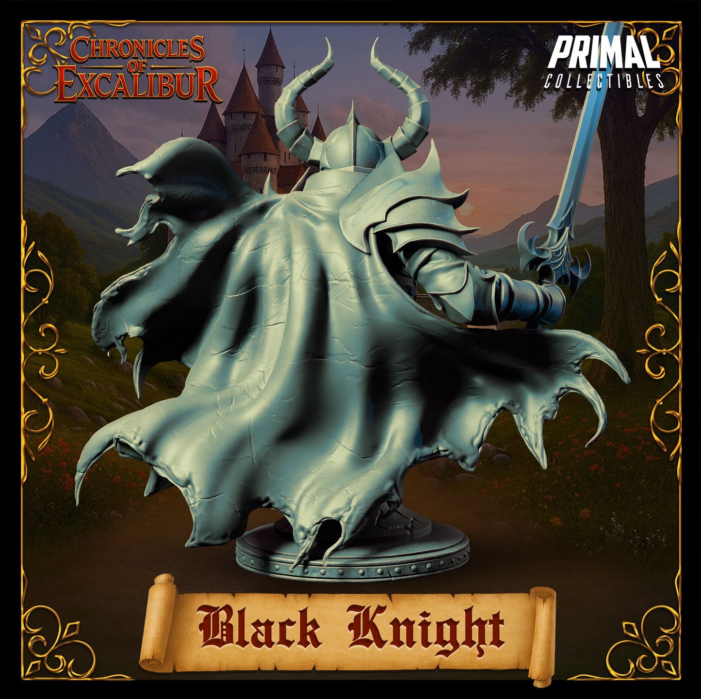 Statue of a dragon-like creature labeled 'Black Knight' with 'Primal Collectibles' branding.
