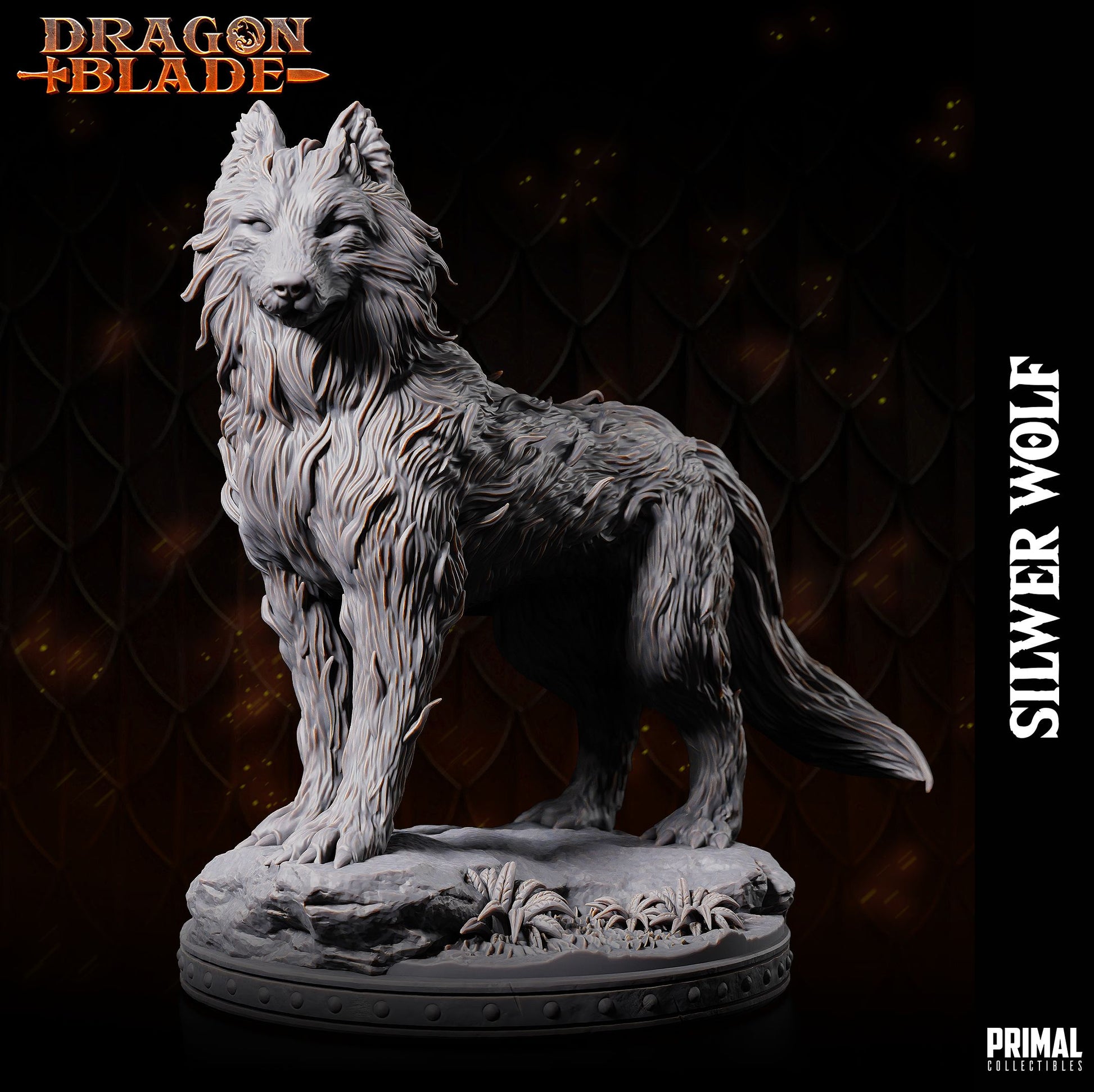 Statue of a silver wolf on a dark background with 'Dragon Blade' branding.