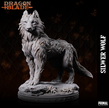 Statue of a silver wolf on a dark background with 'Dragon Blade' branding.