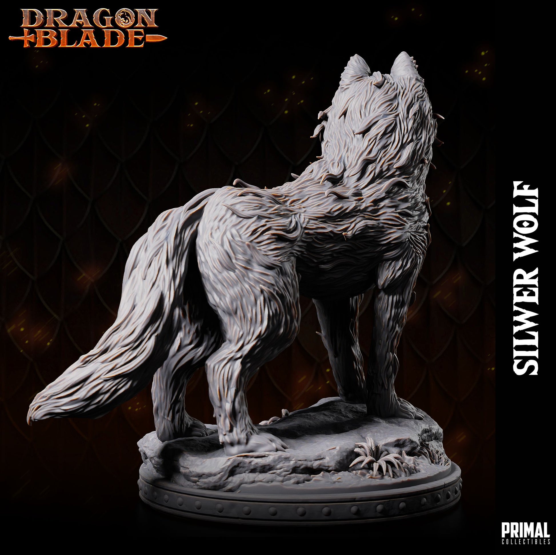 Statue of a silver wolf with 'Dragon Blade' branding on a dark background