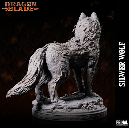 Statue of a silver wolf with 'Dragon Blade' branding on a dark background