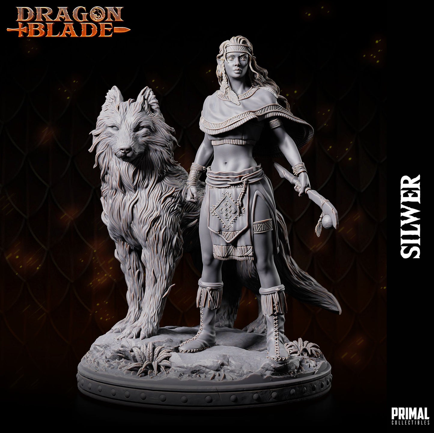 Statue of a warrior with a wolf from 'Dragon Blade' series on a dark background.