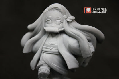 Side view of Nezuko Kamado resin figure with flowing hair and kimono, unpainted 3D print