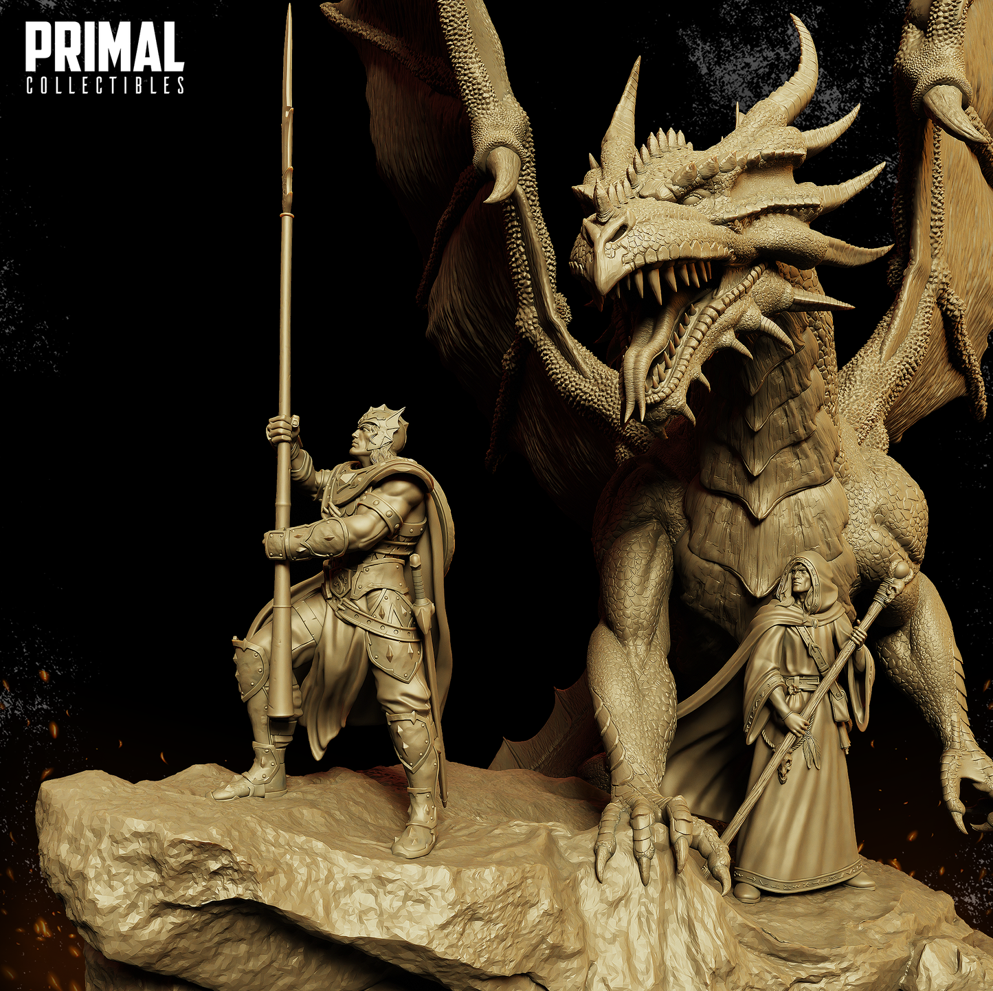 Diorama de Hermanos y Dragón: Escena de fantasía legendaria de PRIMAL Collectibles