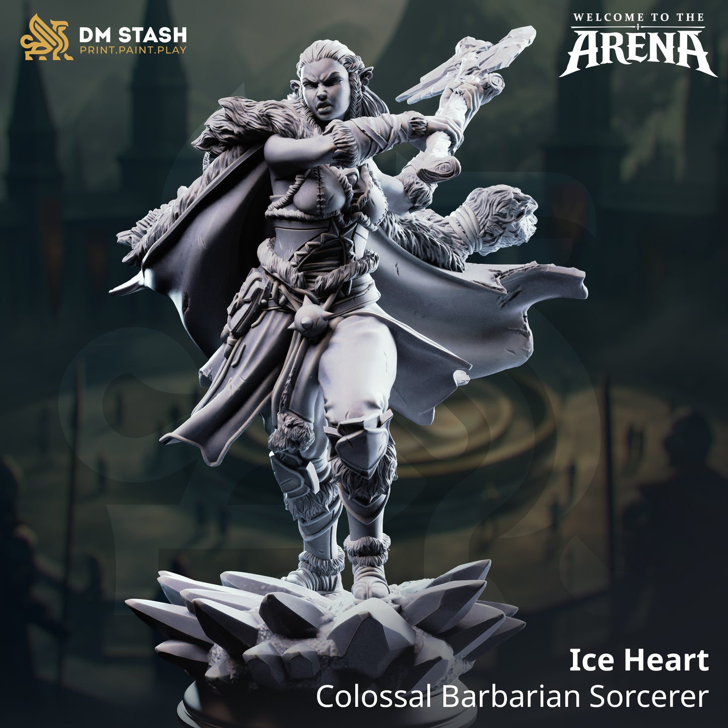 Ice Heart, a female barbarian sorcerer resin miniature by DM Stash, wielding a frost-covered battleaxe and wearing a fur-lined cloak, standing on a jagged ice-shattered base.
