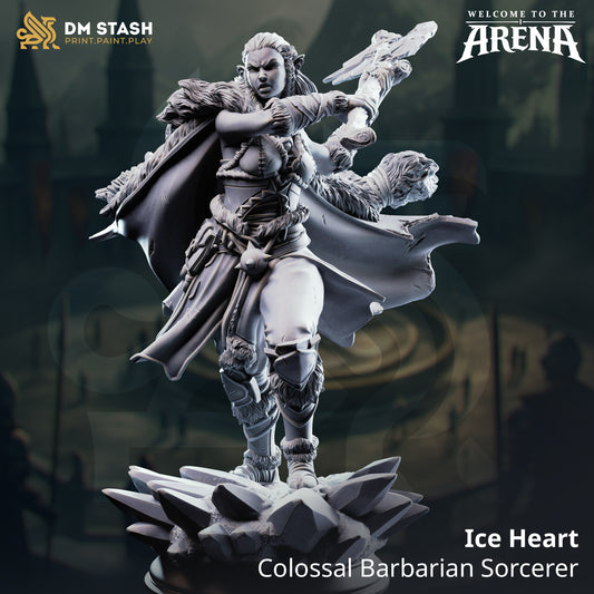 Ice Heart, a female barbarian sorcerer resin miniature by DM Stash, wielding a frost-covered battleaxe and wearing a fur-lined cloak, standing on a jagged ice-shattered base.