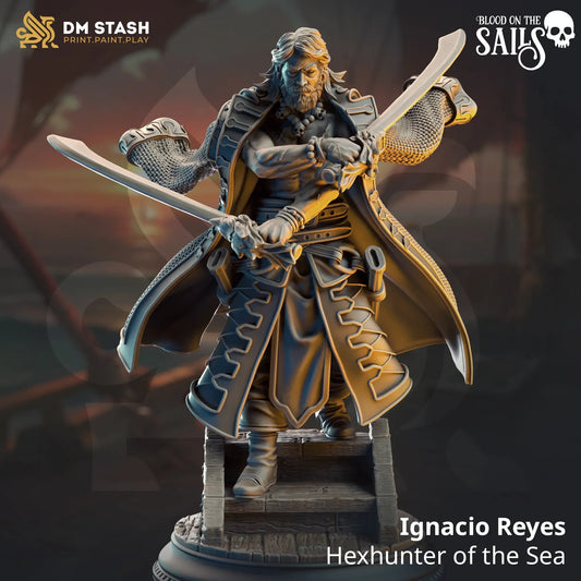 Ignacio Reyes pirate hexhunter miniature with twin swords on deck base for TTRPG