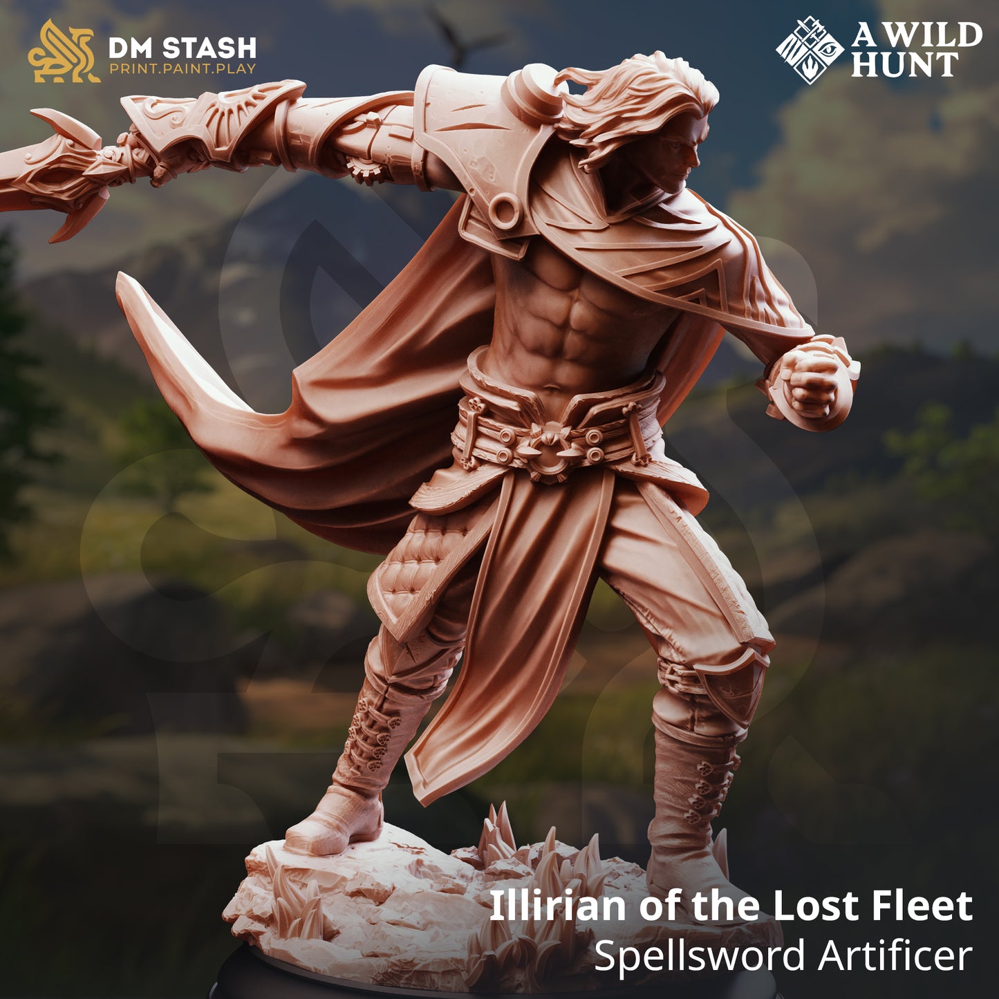 Illirian of the Lost Fleet Spellsword Artificer resin miniature – fantasy warrior casting spell and wielding sword for tabletop and display painting.