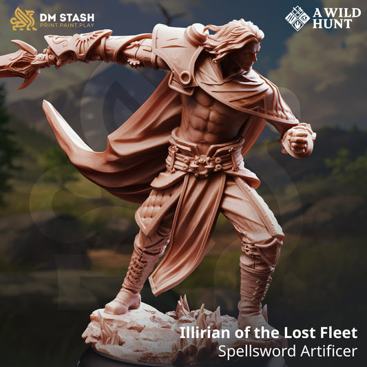Illirian of the Lost Fleet Spellsword Artificer resin miniature – fantasy warrior casting spell and wielding sword for tabletop and display painting.