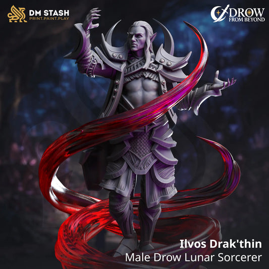 Ilvos Drak’thin – male drow sorcerer resin miniature with swirling red arcane energy, wearing ornate armor and casting in a dynamic pose