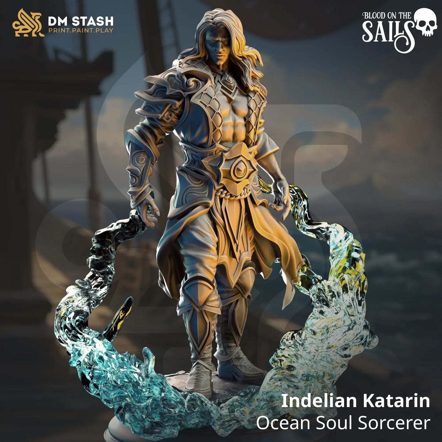 Indelian Katarin ocean sorcerer miniature with swirling water magic for TTRPG