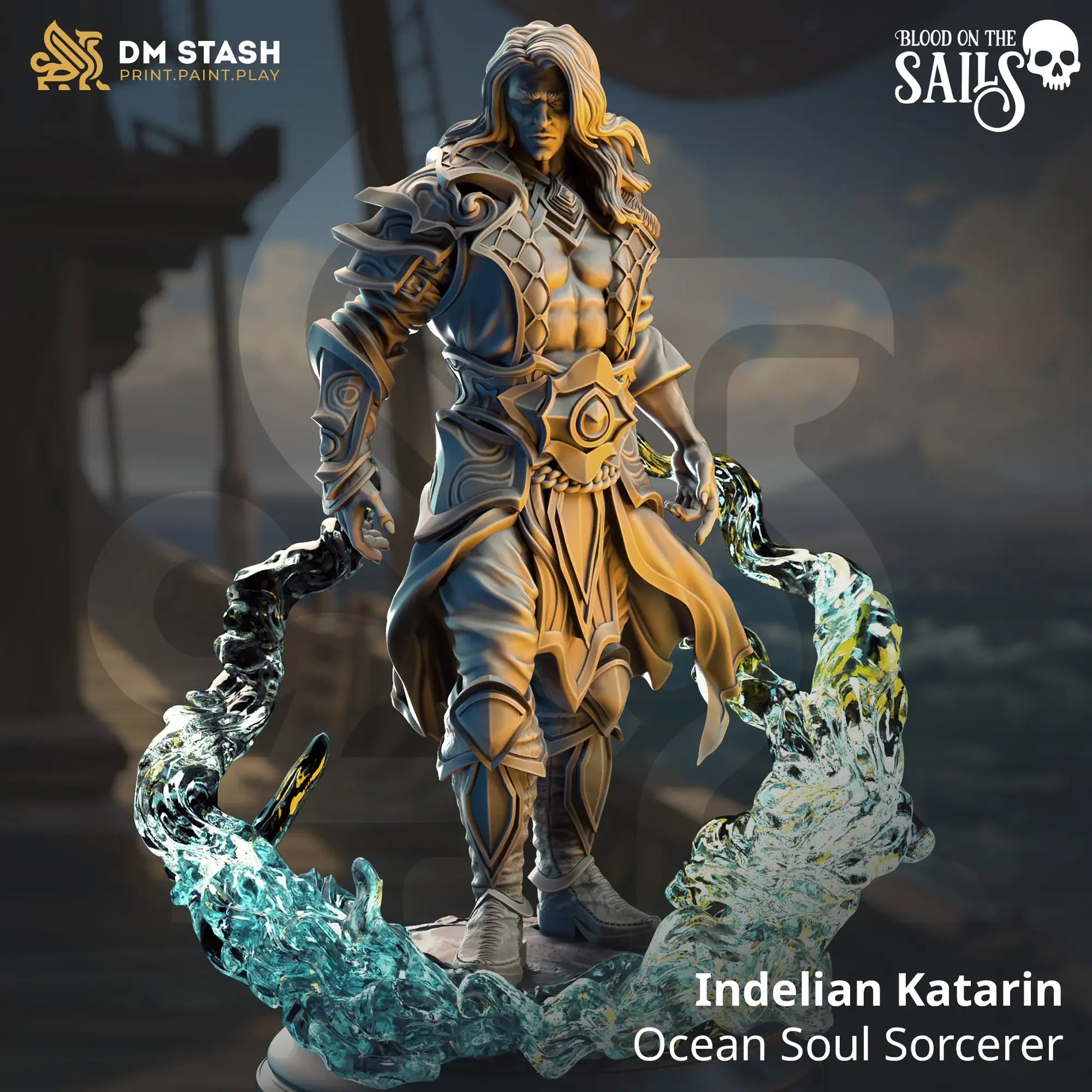 Indelian Katarin ocean sorcerer miniature with swirling water magic for TTRPG