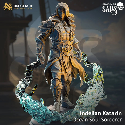 Indelian Katarin ocean sorcerer miniature with swirling water magic for TTRPG