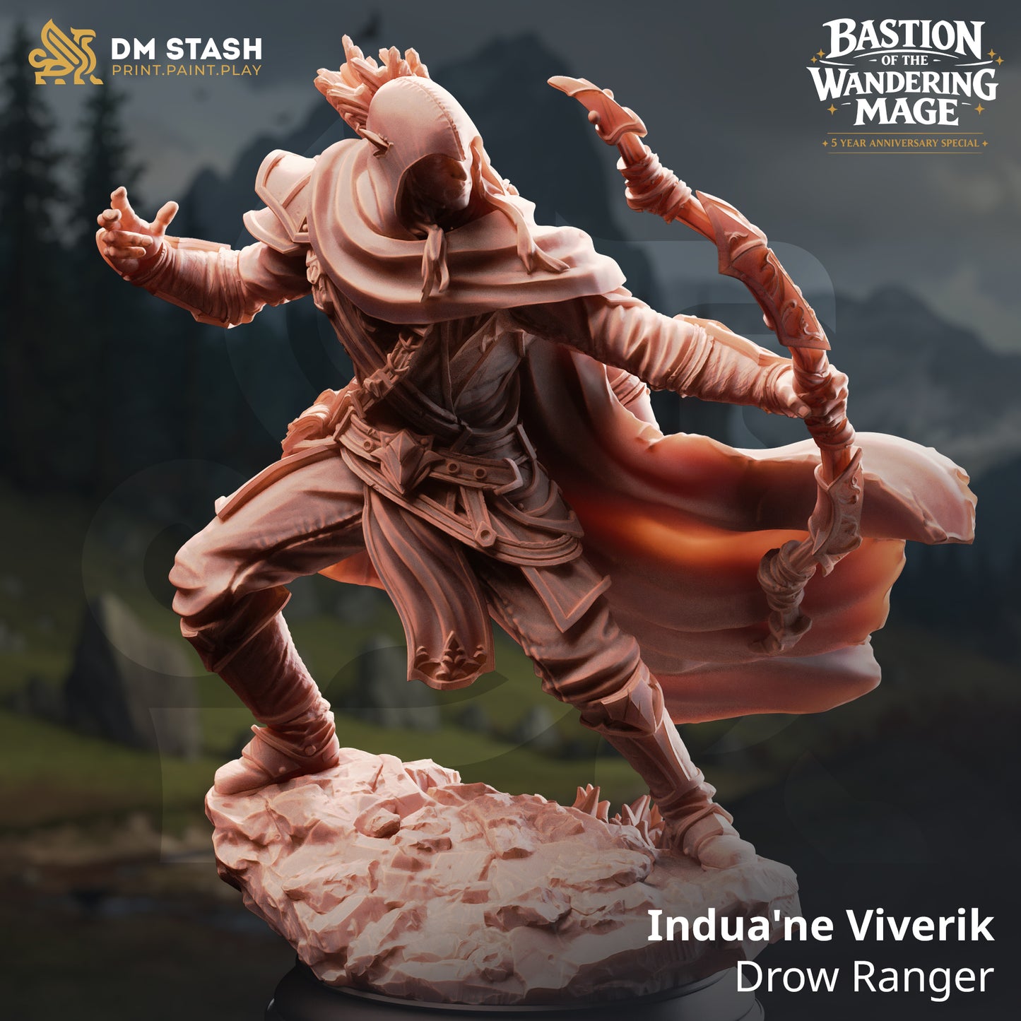 Indua'ne Viverik Drow Ranger resin miniature by DM Stash holding a large recurve bow, printed by D&K Custom Prints.