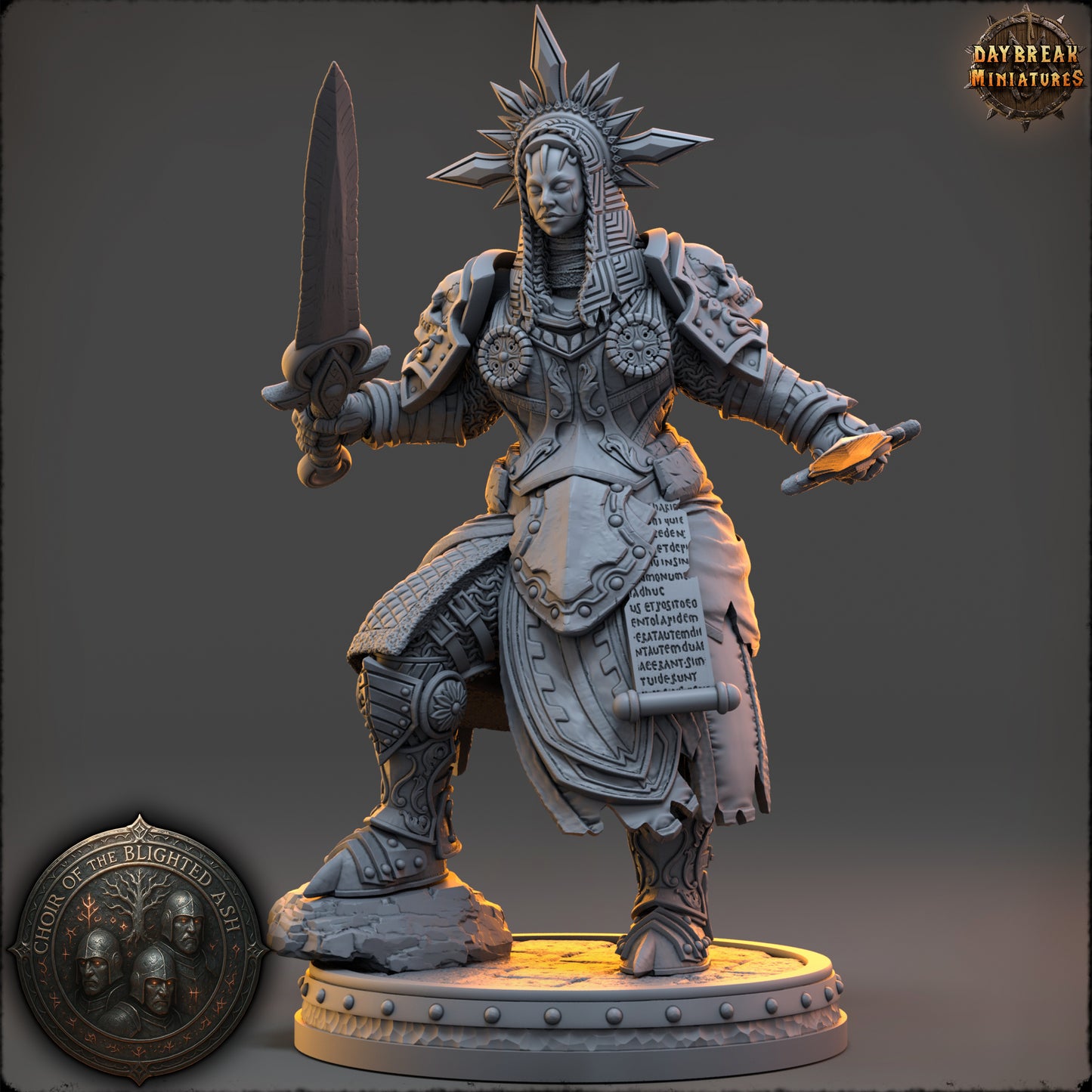 Isolde Kareth Blade Saint of the Blighted Ash resin miniature by Daybreak Miniatures – twin swords, scripture armor, radiant crown – D&K Custom Prints