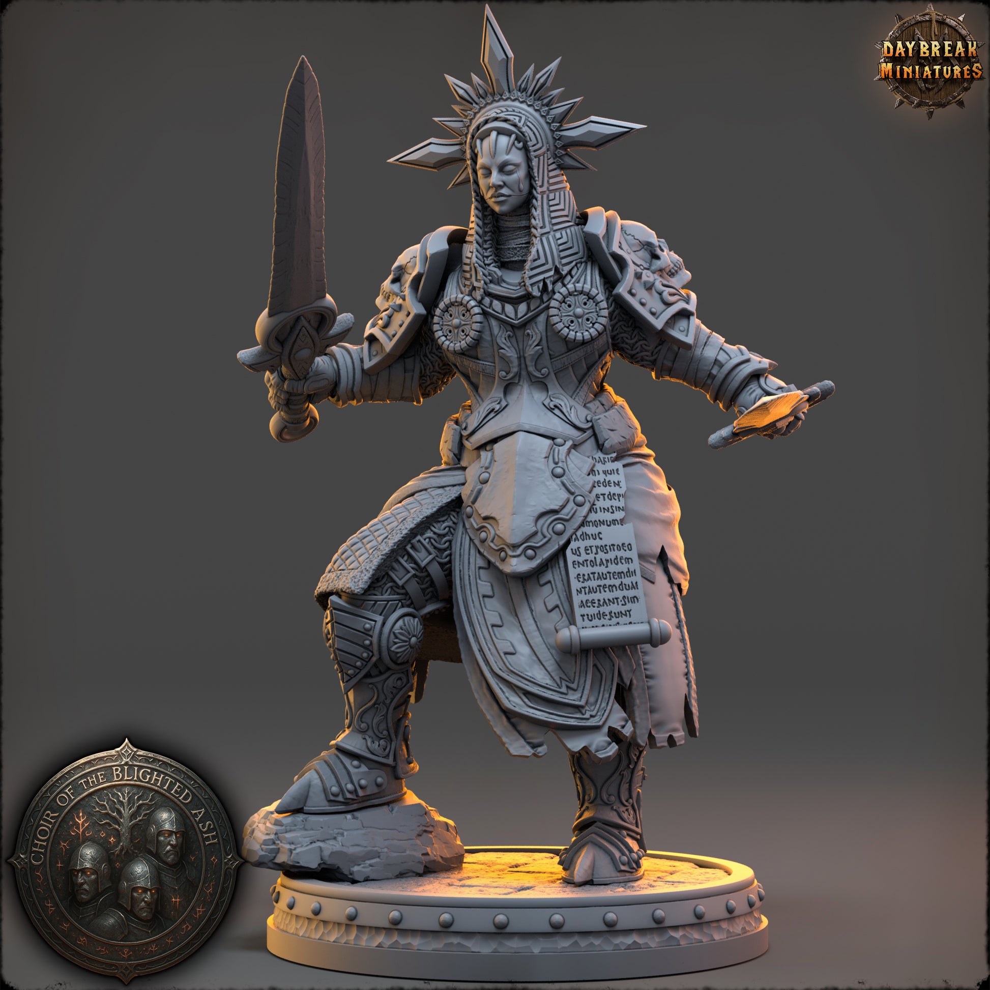 Isolde Kareth Blade Saint of the Blighted Ash resin miniature by Daybreak Miniatures – twin swords, scripture armor, radiant crown – D&K Custom Prints