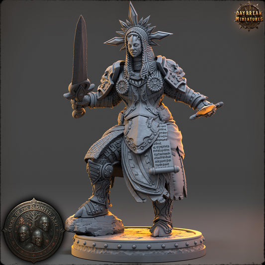 Isolde Kareth Blade Saint of the Blighted Ash resin miniature by Daybreak Miniatures – twin swords, scripture armor, radiant crown – D&K Custom Prints