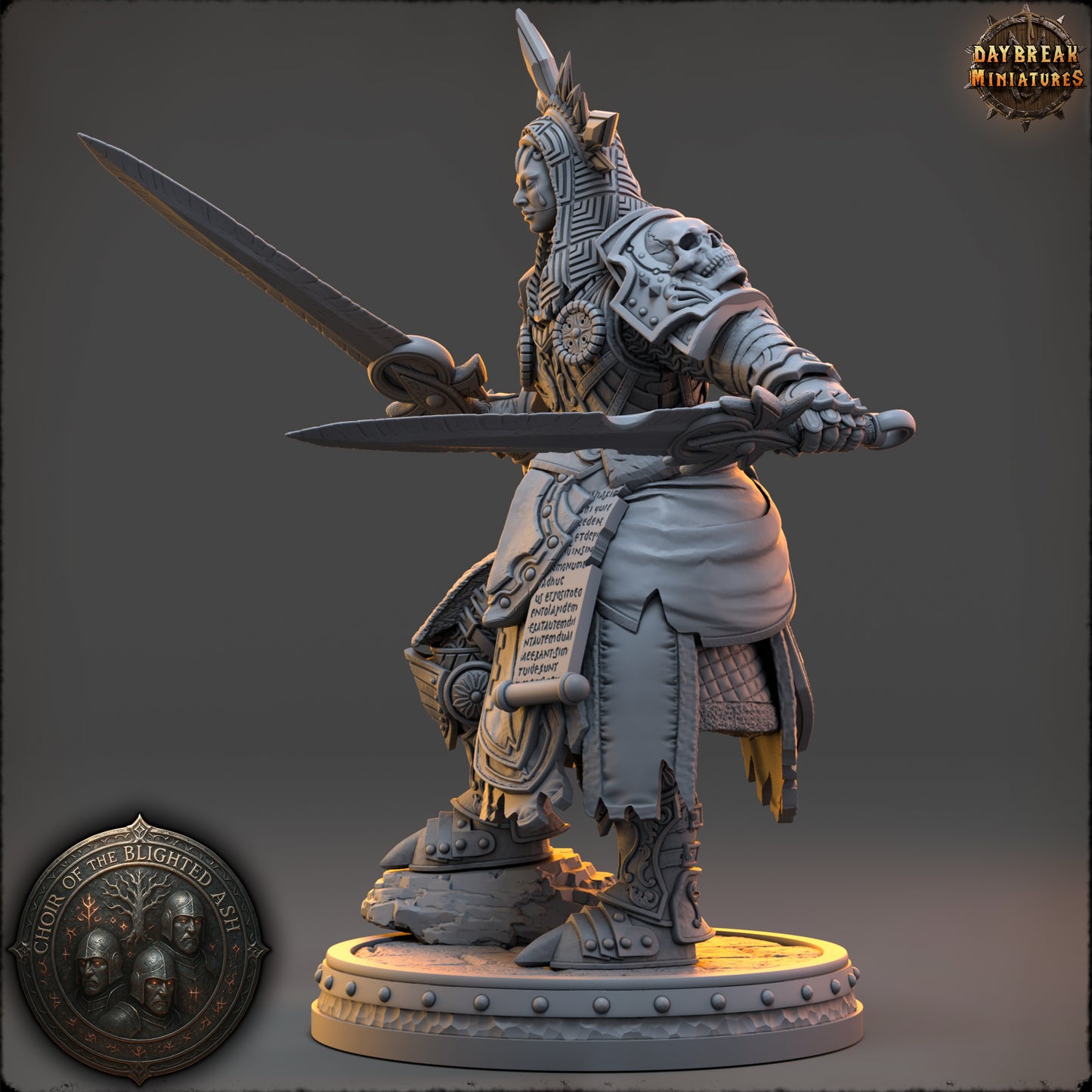 Isolde Kareth Blade Saint of the Blighted Ash resin miniature by Daybreak Miniatures – twin swords, scripture armor, radiant crown – D&K Custom Prints