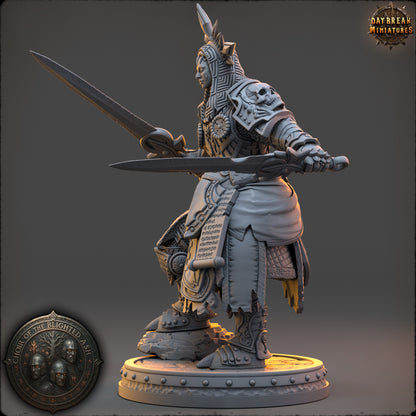 Isolde Kareth Blade Saint of the Blighted Ash resin miniature by Daybreak Miniatures – twin swords, scripture armor, radiant crown – D&K Custom Prints