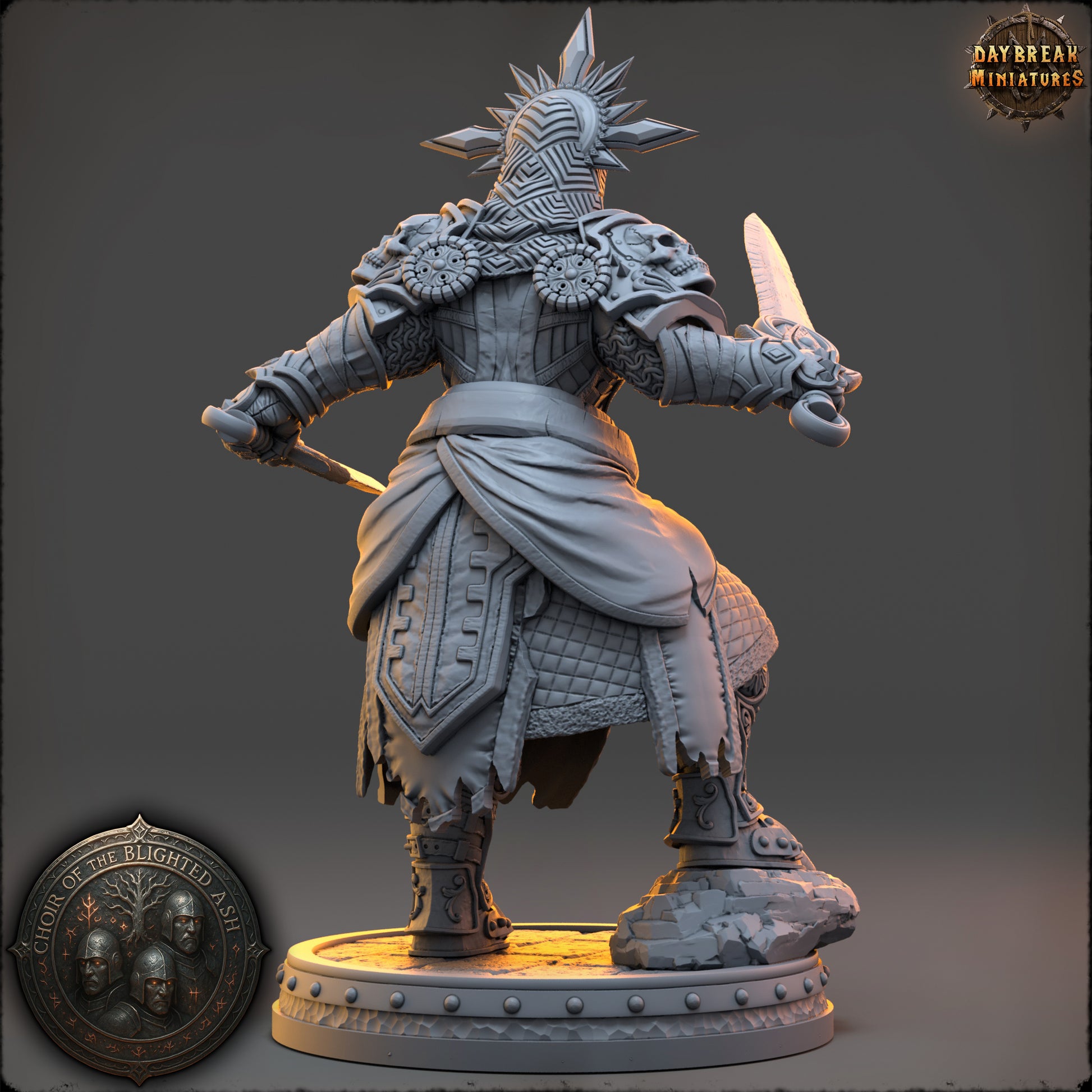 Isolde Kareth Blade Saint of the Blighted Ash resin miniature by Daybreak Miniatures – twin swords, scripture armor, radiant crown – D&K Custom Prints