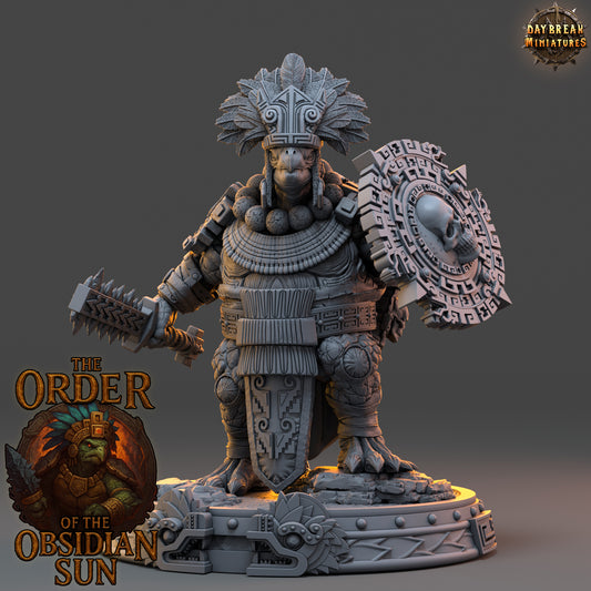 Ixomantl the Shell Speaker—turtlefolk war-priest with macuahuitl and round obsidian shield, resin miniature, front view (32mm & 54mm).
