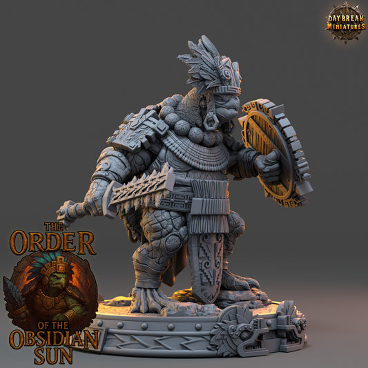 Ixomantl the Shell Speaker—left profile brandishing macuahuitl and shield, detailed Aztec-style armor, resin tabletop miniature.