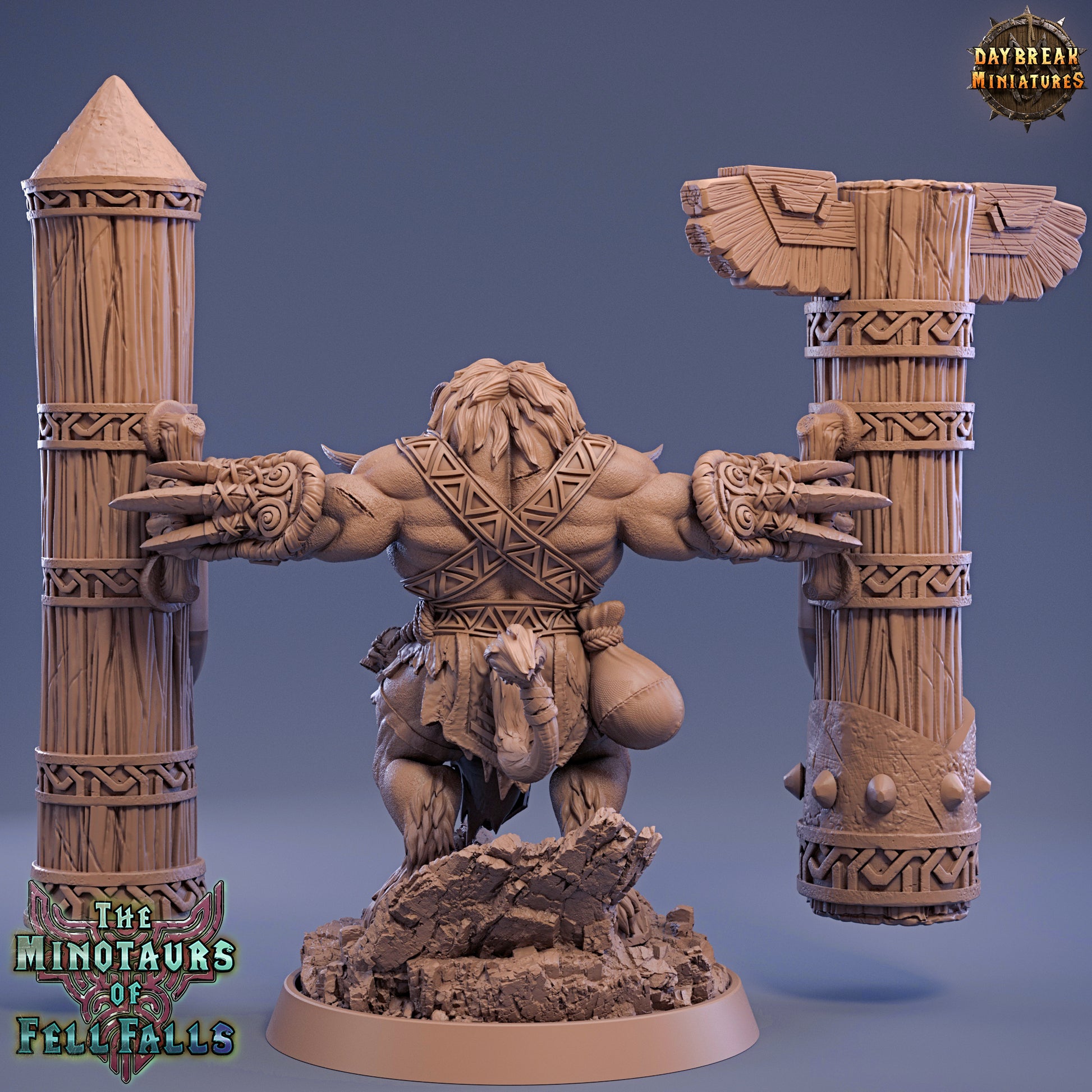 Minature figure of a minotaur with detailed armor and weapons on a blue background, featuring 'Daybreak Miniatures' branding.