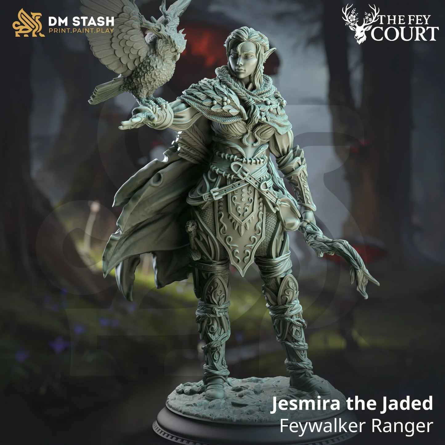 Jesmira the Jaded elf ranger miniature with owl companion and woodland base, Feywalker from The Fey Court