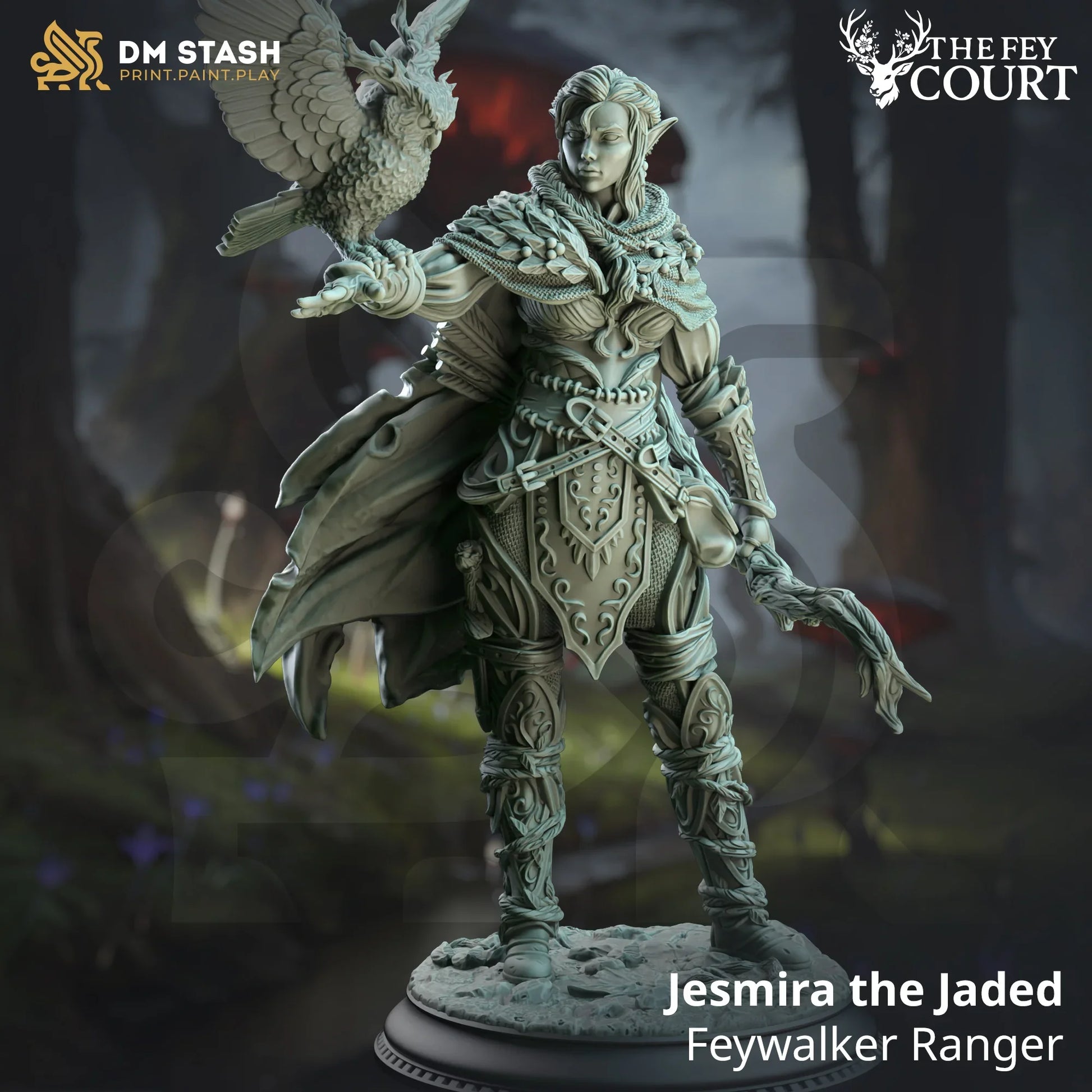 Jesmira the Jaded elf ranger miniature with owl companion and woodland base, Feywalker from The Fey Court