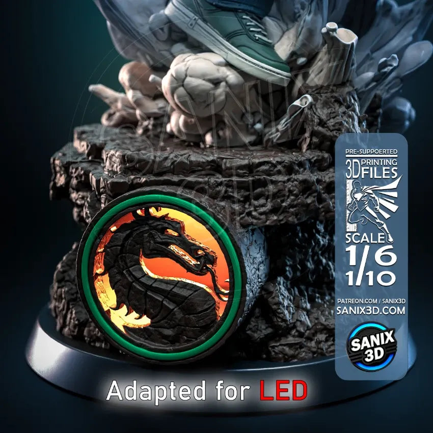 Close-up of the Johnny Cage display base adapted for LED lighting featuring the iconic Mortal Kombat dragon emblem.