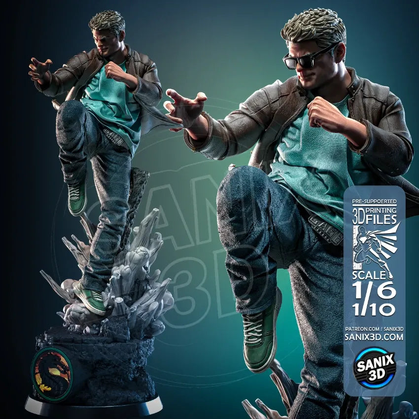 Premium Johnny Cage resin statue by SANIX3D showing a dynamic flying kick pose with sunglasses and a leather jacket.