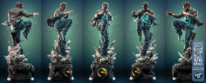 Various angle of the Johnny Cage resin figurine by SANIX3D, highlighting his signature sunglasses, and determined expression.