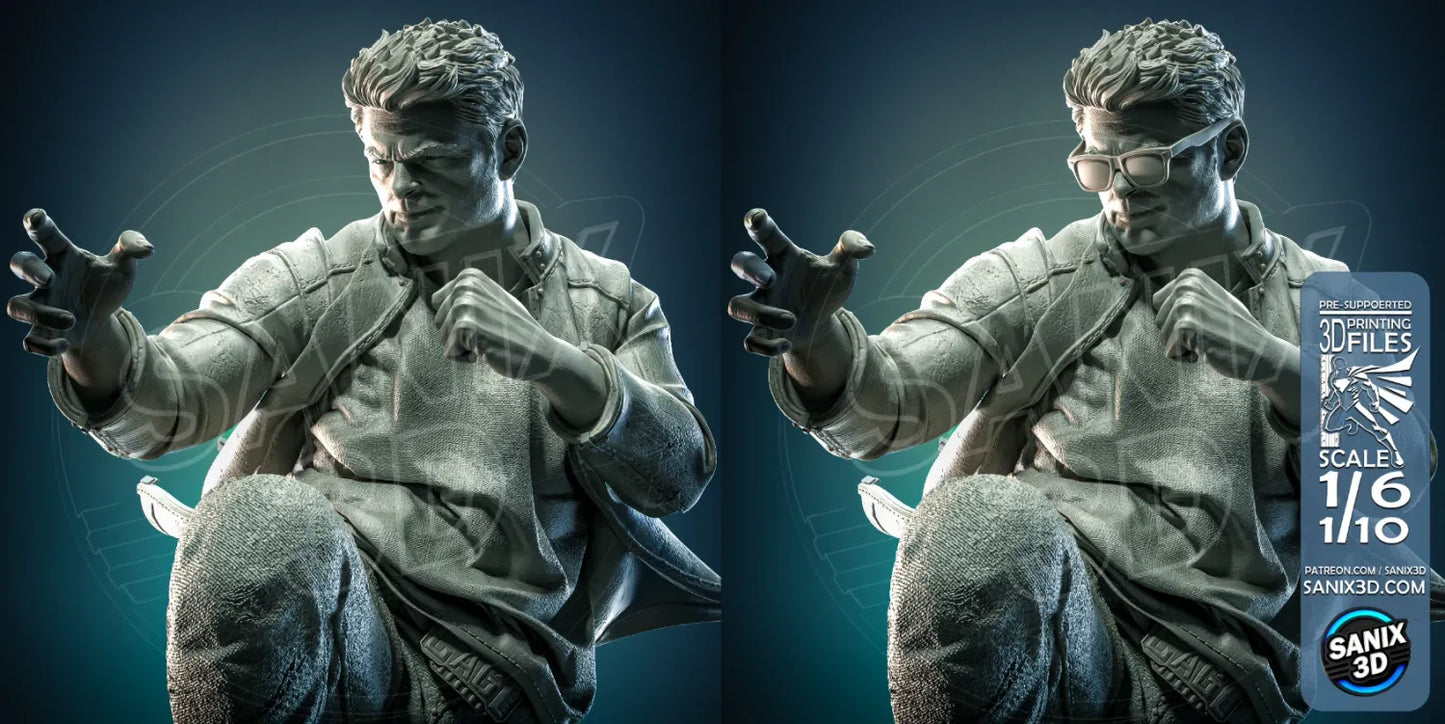 Close-up front view of the Johnny Cage resin portrait by SANIX3D, highlighting his signature sunglasses and without them, and his determined expression.