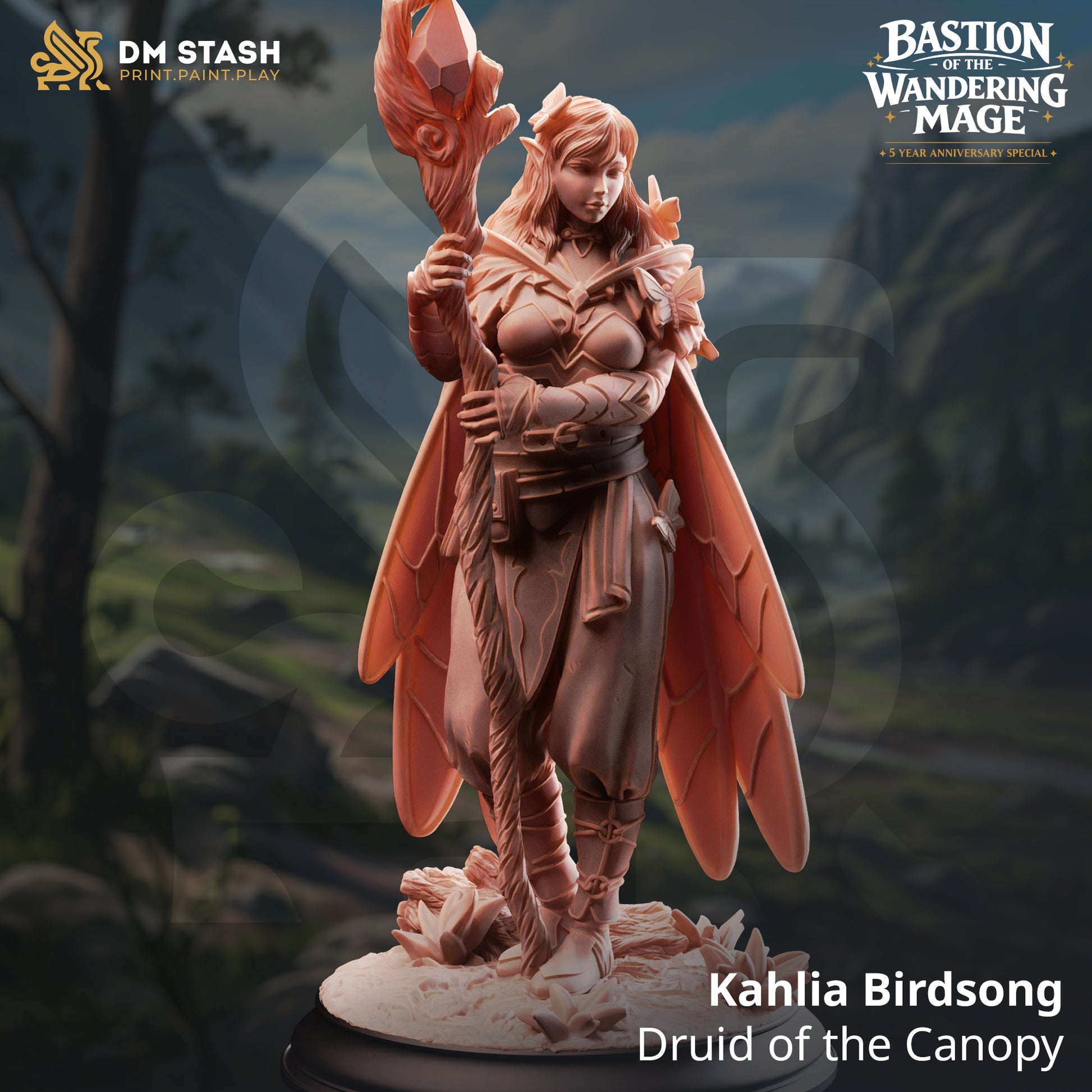 Kahlia Birdsong Druid of the Canopy resin miniature by DM Stash holding a large crystal staff, printed by D&K Custom Prints.