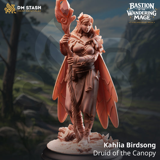 Kahlia Birdsong Druid of the Canopy resin miniature by DM Stash holding a large crystal staff, printed by D&K Custom Prints.