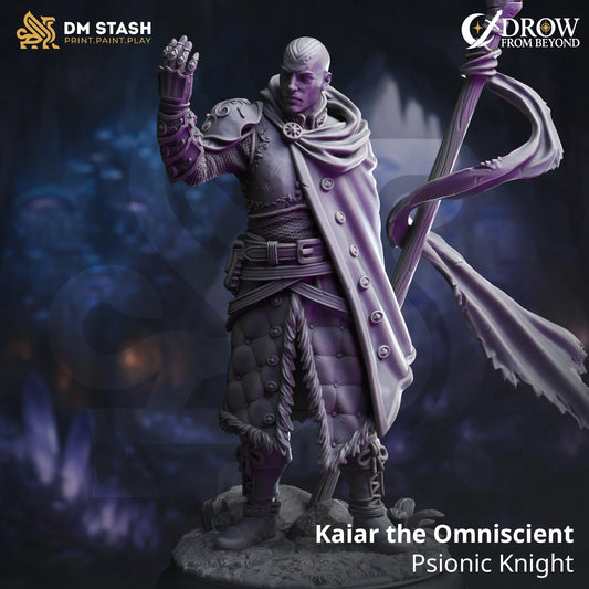 Kaiar the Omniscient – detailed resin psionic knight miniature with staff, armored robes, and outstretched hand for psychic tabletop characters
