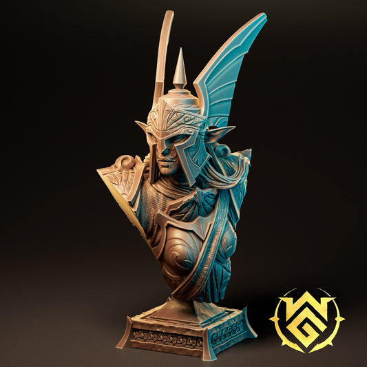 Bust of Keltria, God’s Wrath featuring ornate helmet, sculpted armor, and detailed pedestal base.