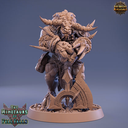Minotaur figurine with detailed armor and horns on a blue gradient background, featuring 'Daybreak Miniatures' logo.
