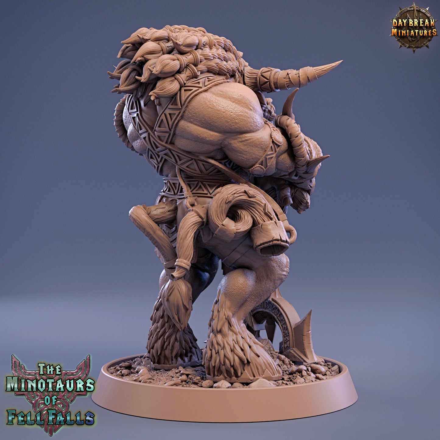 Wooden minotaur figurine on a blue background with 'Daybreak Miniatures' branding.