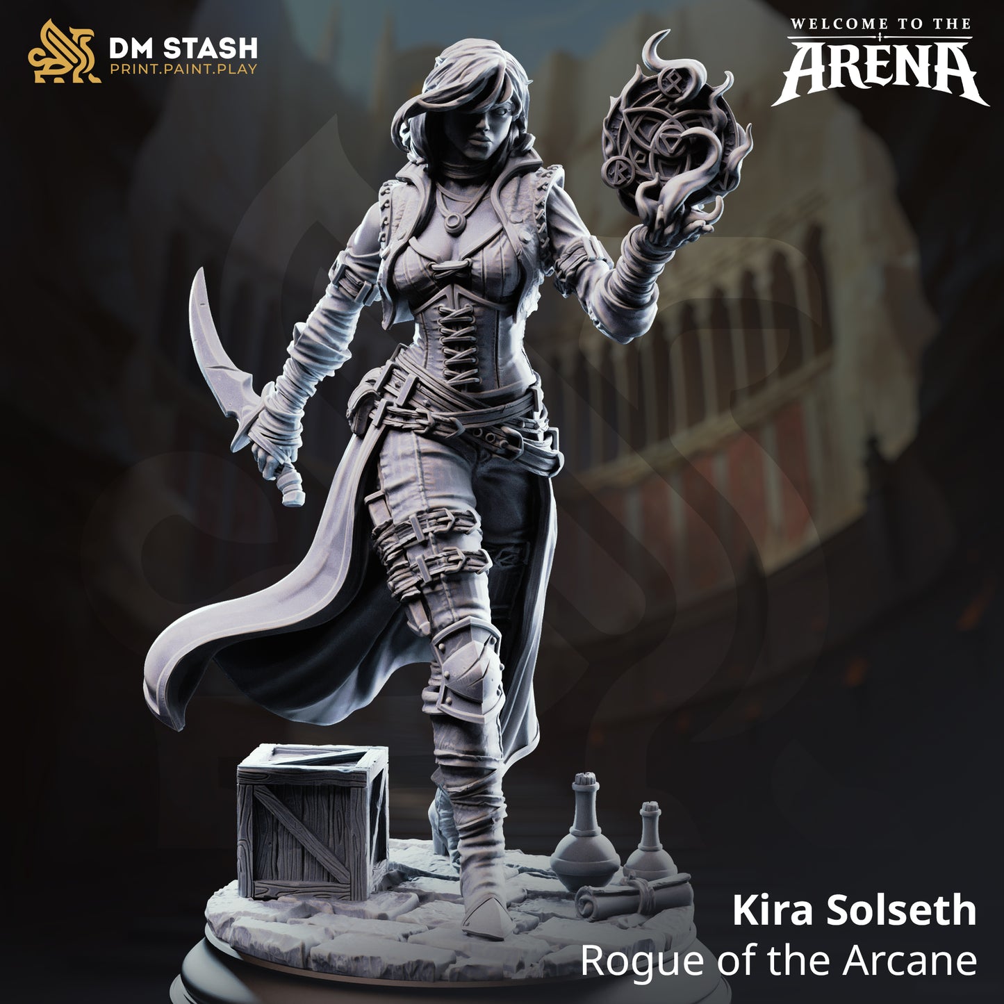 Kira Solseth, a female rogue of the arcane resin miniature by DM Stash, holding a glowing magical sigil and a curved dagger on a cobblestone base with a crate and potions.
