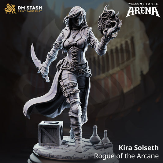 Kira Solseth, a female rogue of the arcane resin miniature by DM Stash, holding a glowing magical sigil and a curved dagger on a cobblestone base with a crate and potions.