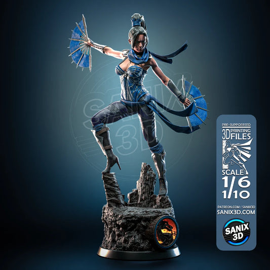 Premium Kitana resin statue by SANIX3D in a dynamic combat pose with blue war fans and rocky display base. With Dragon logo on base.