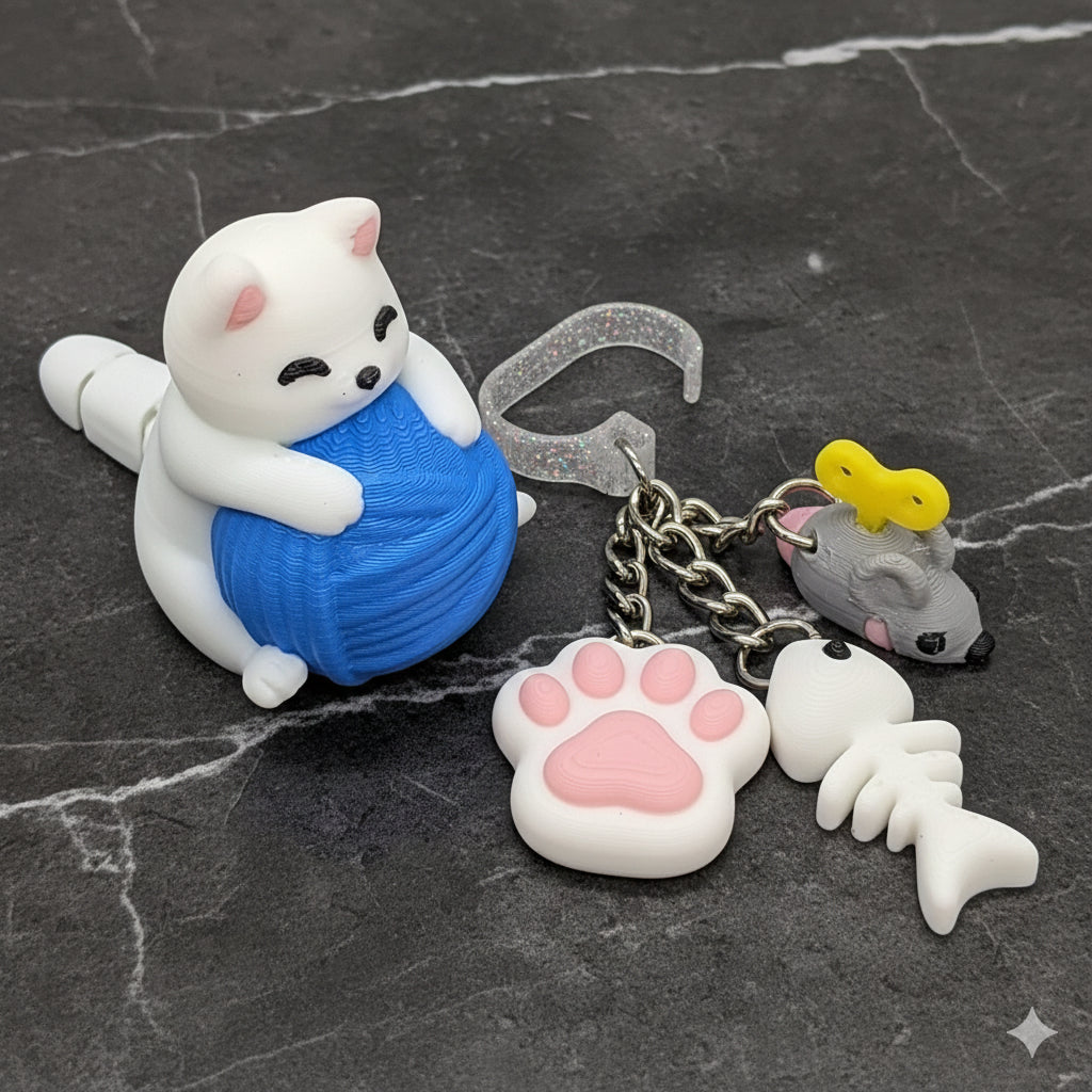 White kitty cat straw topper fidget toy with blue ball, paw print charm, and fish bone charms on keychain - 3D printed cat accessories